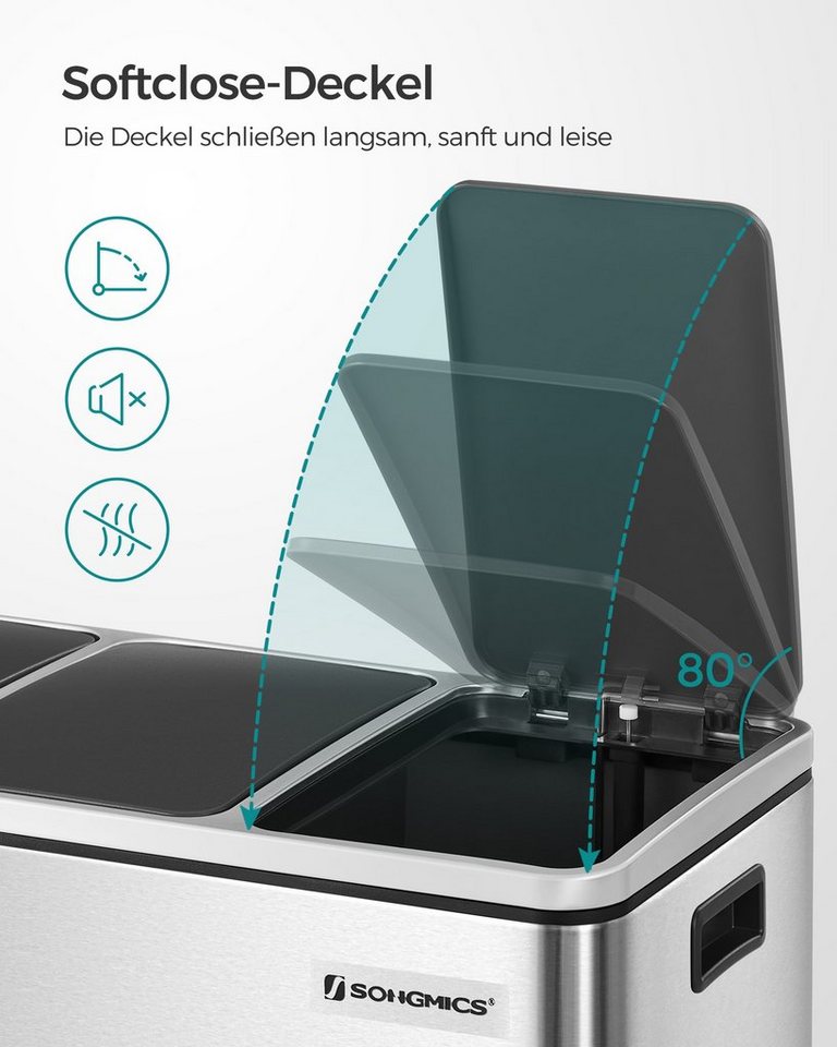 SONGMICS Mülleimer Mülltrennsystem Softclose, 3 Fächer, Küche, mit Deckel, 3 x 18 L, Abfalleimer, Treteimer, Fußpedale – Bild 4 von 5