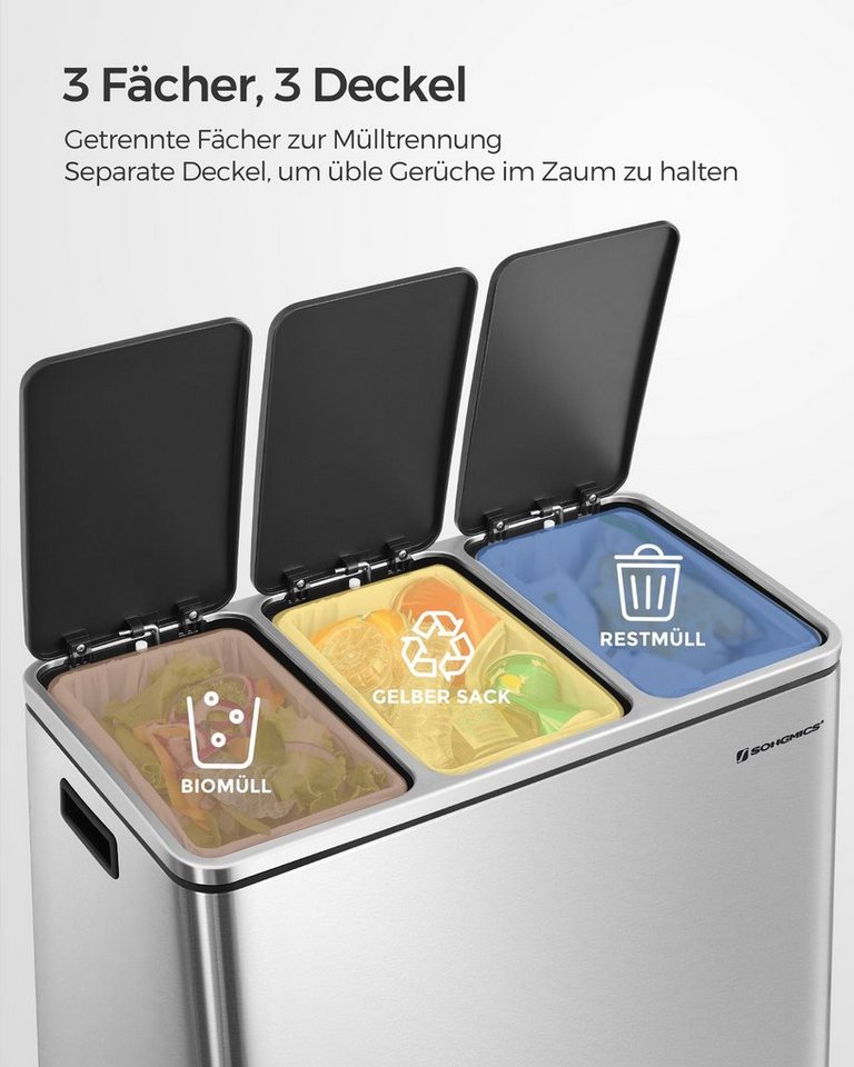 SONGMICS Mülleimer Mülltrennsystem Softclose, 3 Fächer, Küche, mit Deckel, 3 x 18 L, Abfalleimer, Treteimer, Fußpedale – Bild 5 von 5