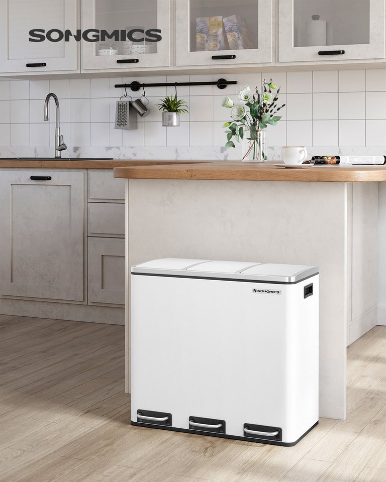 SONGMICS Mülleimer Mülltrennsystem Softclose, 3 Fächer, Küche, mit Deckel, 3 x 18 L, Abfalleimer, Treteimer, Fußpedale – Bild 2 von 5