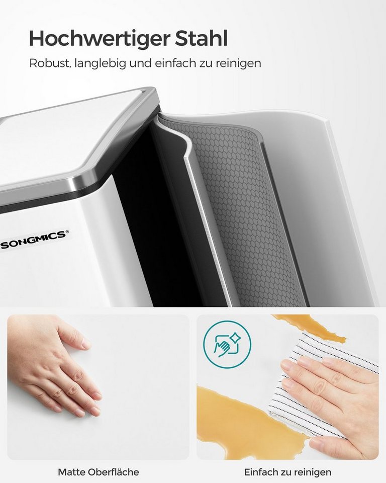 SONGMICS Mülleimer Mülltrennsystem Softclose, 3 Fächer, Küche, mit Deckel, 3 x 18 L, Abfalleimer, Treteimer, Fußpedale – Bild 3 von 5