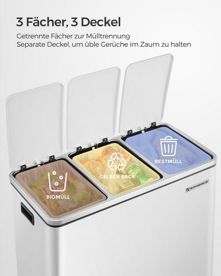 SONGMICS Mülleimer Mülltrennsystem Softclose, 3 Fächer, Küche, mit Deckel, 3 x 18 L, Abfalleimer, Treteimer, Fußpedale – Bild 4 von 5