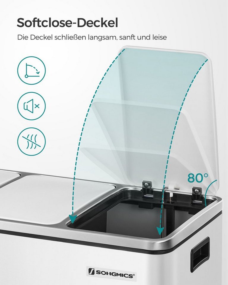 SONGMICS Mülleimer Mülltrennsystem Softclose, 3 Fächer, Küche, mit Deckel, 3 x 18 L, Abfalleimer, Treteimer, Fußpedale – Bild 5 von 5