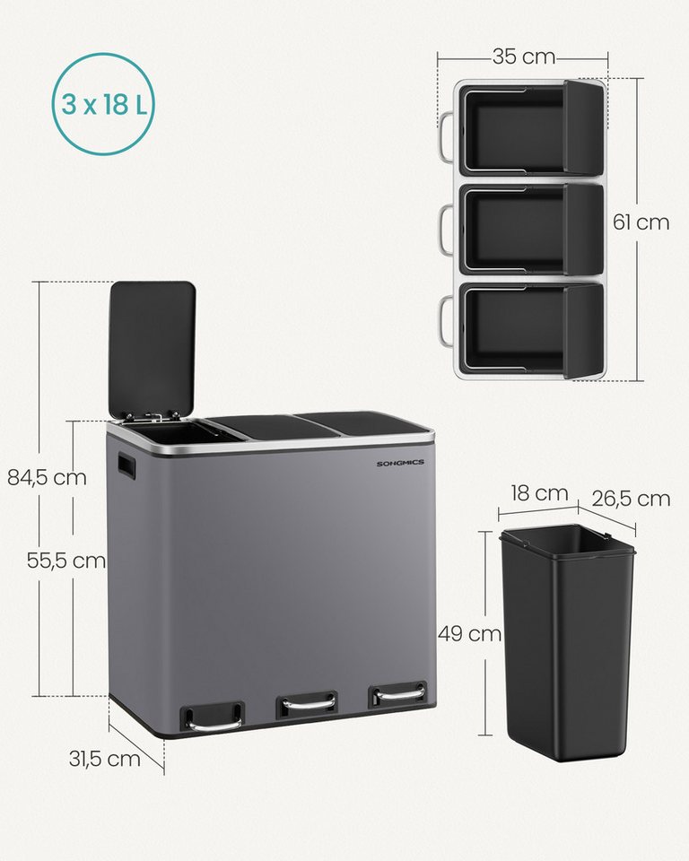 SONGMICS Mülleimer Mülltrennsystem Softclose, 3 Fächer, Küche, 3 x 18 L, inklusive 15 Müllbeutel, Abfalleimer, Treteimer – Bild 2 von 5