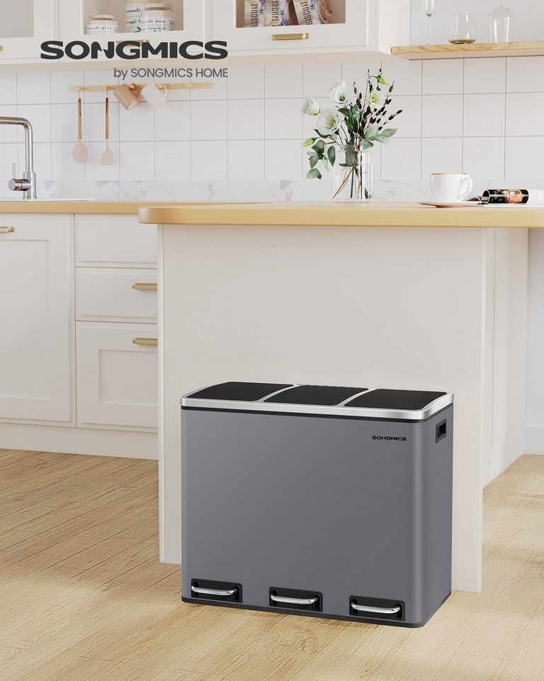 SONGMICS Mülleimer Mülltrennsystem Softclose, 3 Fächer, Küche, 3 x 18 L, inklusive 15 Müllbeutel, Abfalleimer, Treteimer – Bild 3 von 5