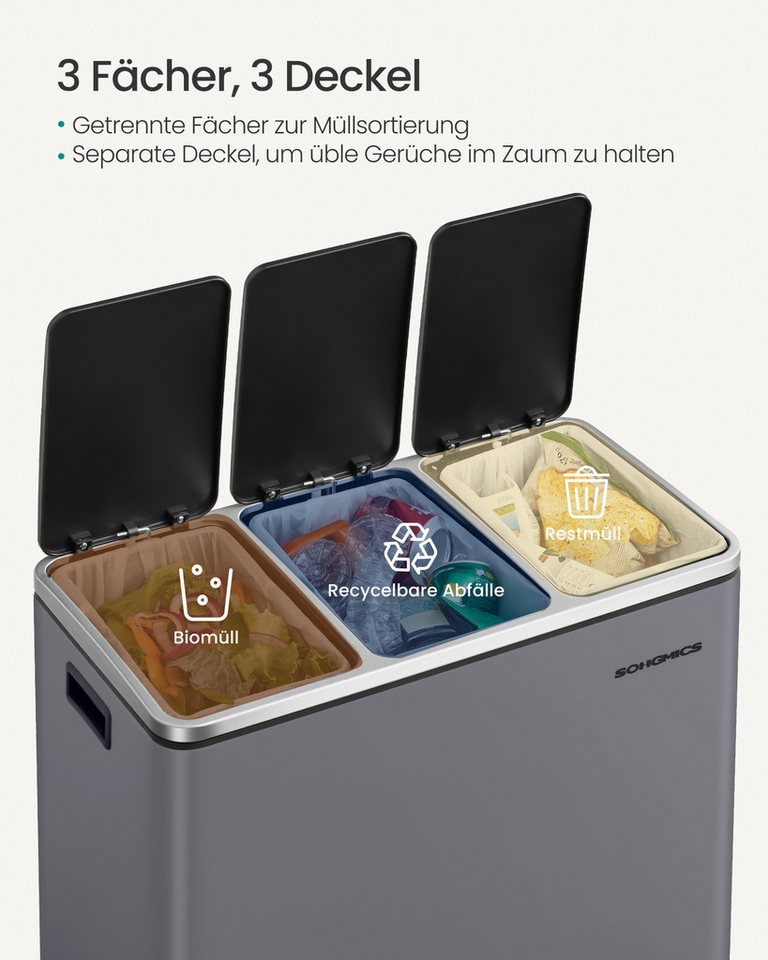 SONGMICS Mülleimer Mülltrennsystem Softclose, 3 Fächer, Küche, 3 x 18 L, inklusive 15 Müllbeutel, Abfalleimer, Treteimer – Bild 4 von 5