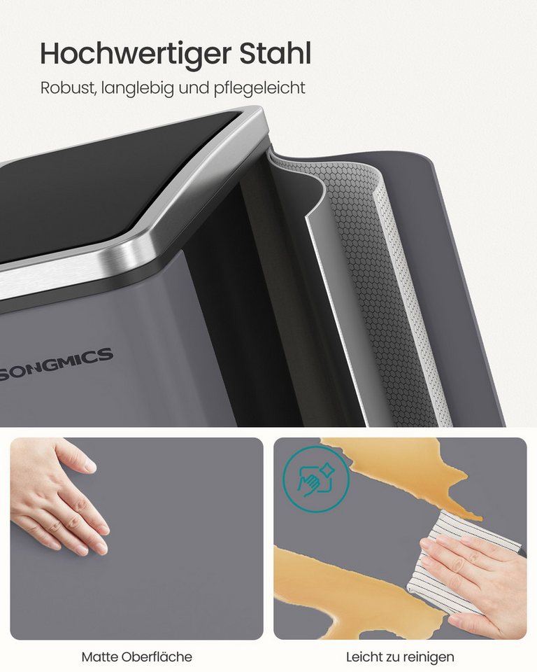 SONGMICS Mülleimer Mülltrennsystem Softclose, 3 Fächer, Küche, 3 x 18 L, inklusive 15 Müllbeutel, Abfalleimer, Treteimer – Bild 5 von 5