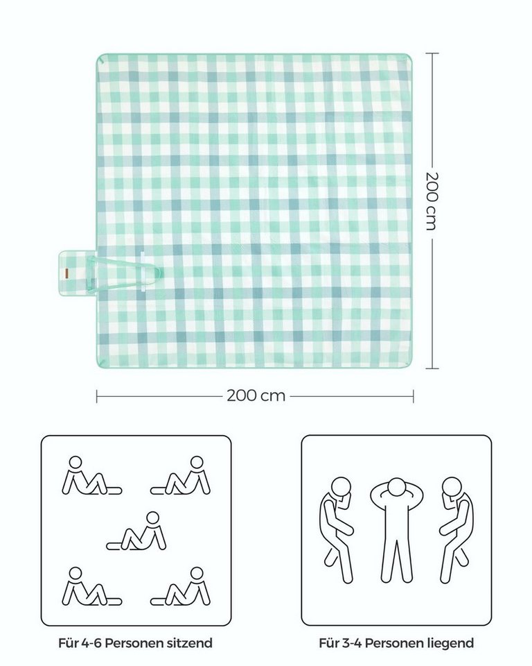 Picknickdecke 200 x 200 cm, mit 4 Erdankern, Campingdecke, für Park, Garten, Strand, SONGMICS, groß, wasserdicht, maschinenwaschbar, faltbar, grün-weiß – Bild 3 von 5