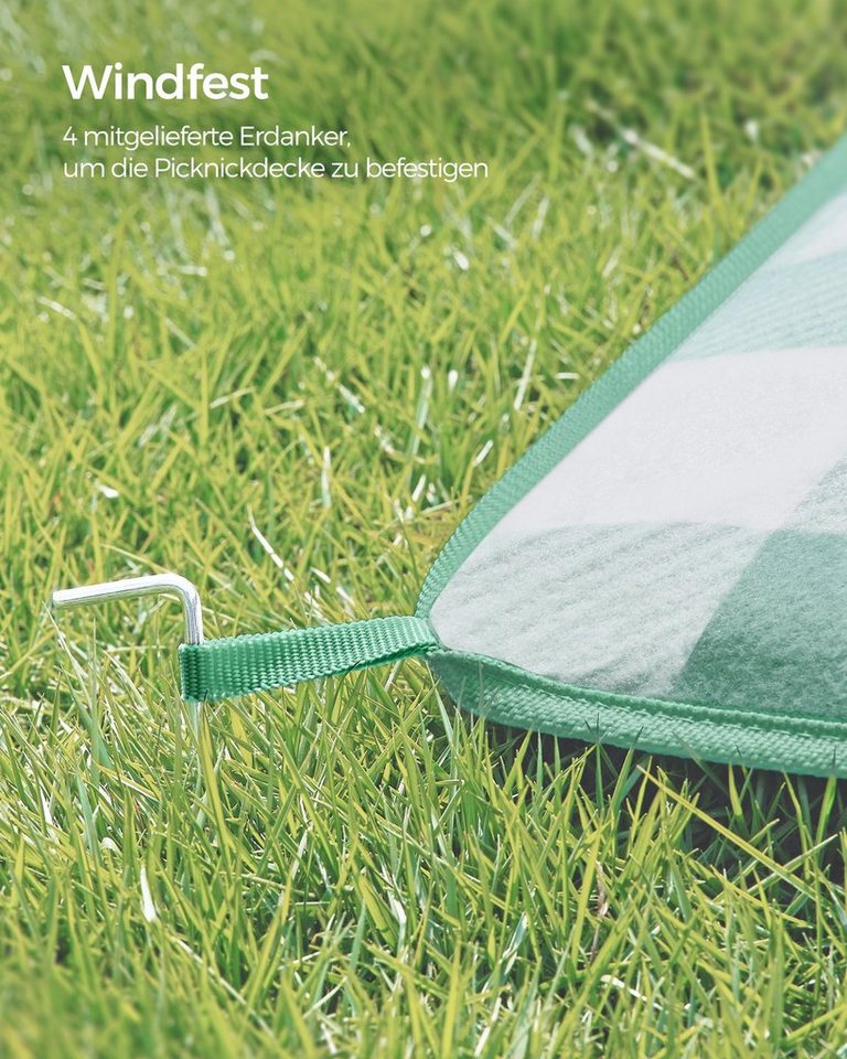 Picknickdecke 200 x 200 cm, mit 4 Erdankern, Campingdecke, für Park, Garten, Strand, SONGMICS, groß, wasserdicht, maschinenwaschbar, faltbar, grün-weiß – Bild 5 von 5