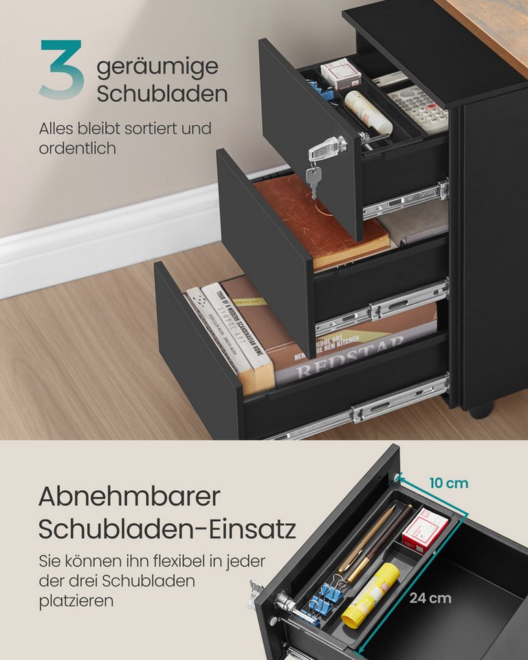 SONGMICS Rollcontainer Schubladenschrank, mobiler Aktenschrank, Metallschrank, Druckertisch, abschließbar, 3/4 Schubladen – Bild 3 von 5