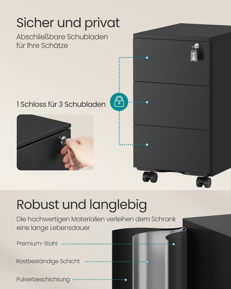 SONGMICS Rollcontainer Schubladenschrank, mobiler Aktenschrank, Metallschrank, Druckertisch, abschließbar, 3/4 Schubladen – Bild 4 von 5