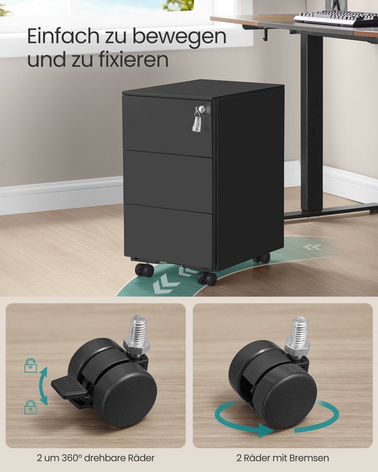 SONGMICS Rollcontainer Schubladenschrank, mobiler Aktenschrank, Metallschrank, Druckertisch, abschließbar, 3/4 Schubladen – Bild 5 von 5