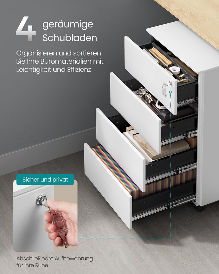 SONGMICS Rollcontainer Schubladenschrank, mobiler Aktenschrank, Metallschrank,abschließbar,4Schubladen,45,1 x 39 x 69,3cm,vormontiert – Bild 3 von 5