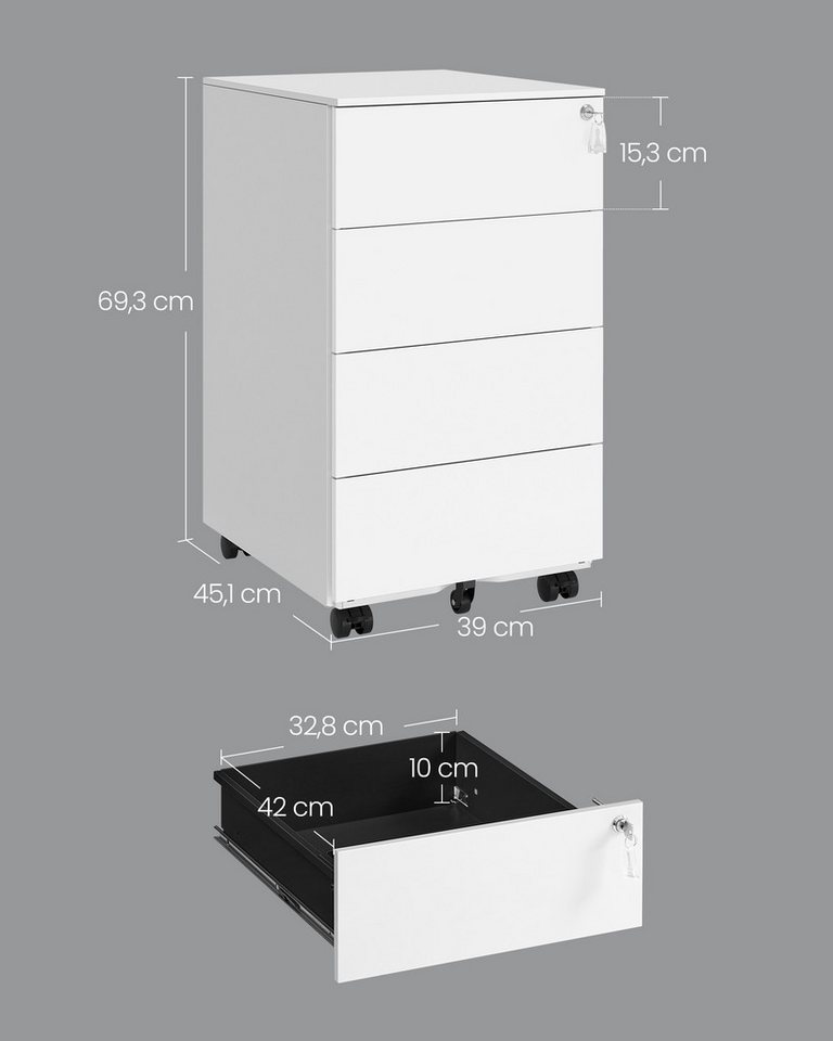 SONGMICS Rollcontainer Schubladenschrank, mobiler Aktenschrank, Metallschrank,abschließbar,4Schubladen,45,1 x 39 x 69,3cm,vormontiert – Bild 5 von 5