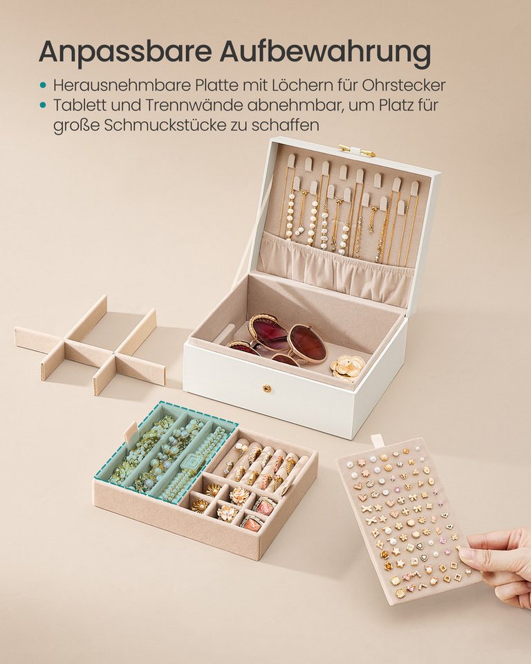 SONGMICS Schmuckkasten 2 Ebenen, Schmuckaufbewahrung, für Halsketten Ohrringe, 17x20,5x9,5 cm, mit herausnehmbarem Schmucktablett, Griff, Geschenkidee, cremewei – Bild 5 von 5