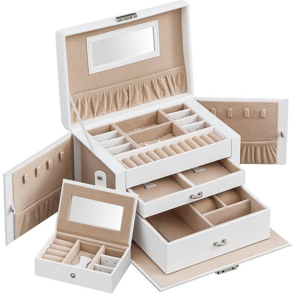 SONGMICS Schmuckkasten 3 Ebenen, 2 Schubladen, tragbare Mini-Box für Reisen, 18,2x26x17,4 cm, mit Griff, abschließbar, PU-Bezug in weiß, Innenfutter in Sandbeig