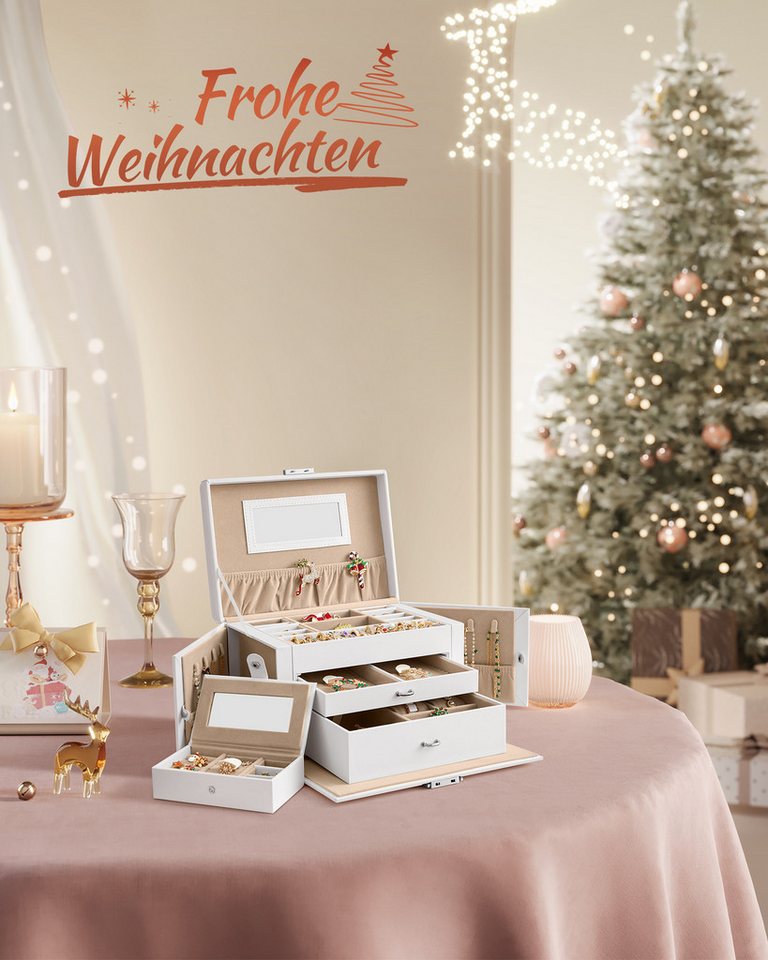 SONGMICS Schmuckkasten 3 Ebenen, 2 Schubladen, tragbare Mini-Box für Reisen, 18,2x26x17,4 cm, mit Griff, abschließbar, PU-Bezug in weiß, Innenfutter in Sandbeig – Bild 2 von 5