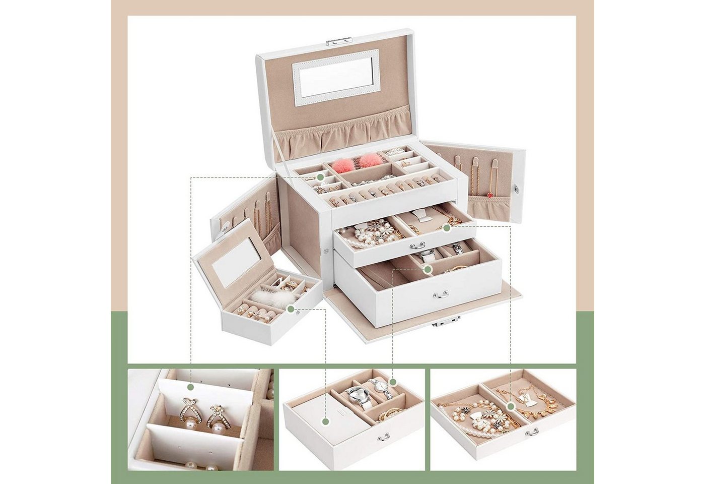 SONGMICS Schmuckkasten 3 Ebenen, 2 Schubladen, tragbare Mini-Box für Reisen, 18,2x26x17,4 cm, mit Griff, abschließbar, PU-Bezug in weiß, Innenfutter in Sandbeig – Bild 4 von 5