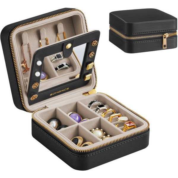 SONGMICS Schmuckkasten Reise, Schmuck-Reiseetui, Spiegel, Reißverschluss, Geschenkidee, Schmuckaufbewahrung tragbar, PU-Bezug, 11,4 x 11,4 x 6 cm