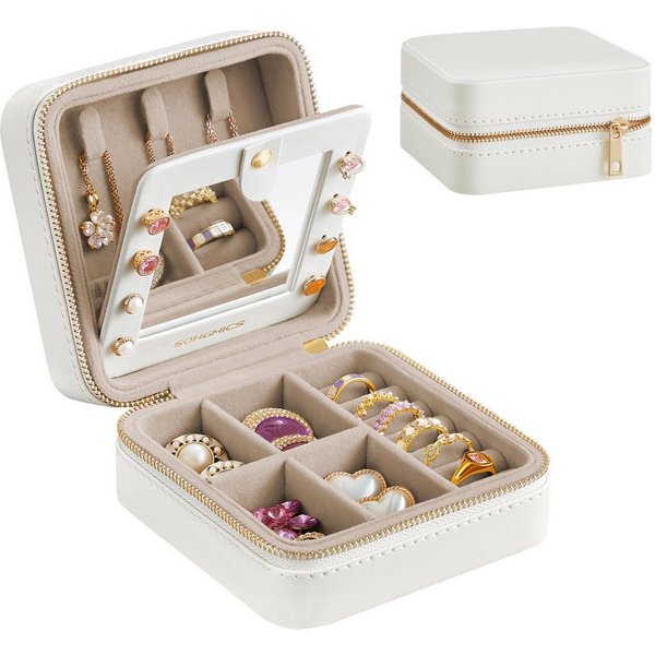 SONGMICS Schmuckkasten Reise, Schmuck-Reiseetui, Spiegel, Reißverschluss, Geschenkidee, Schmuckaufbewahrung tragbar, PU-Bezug, 11,4 x 11,4 x 6 cm