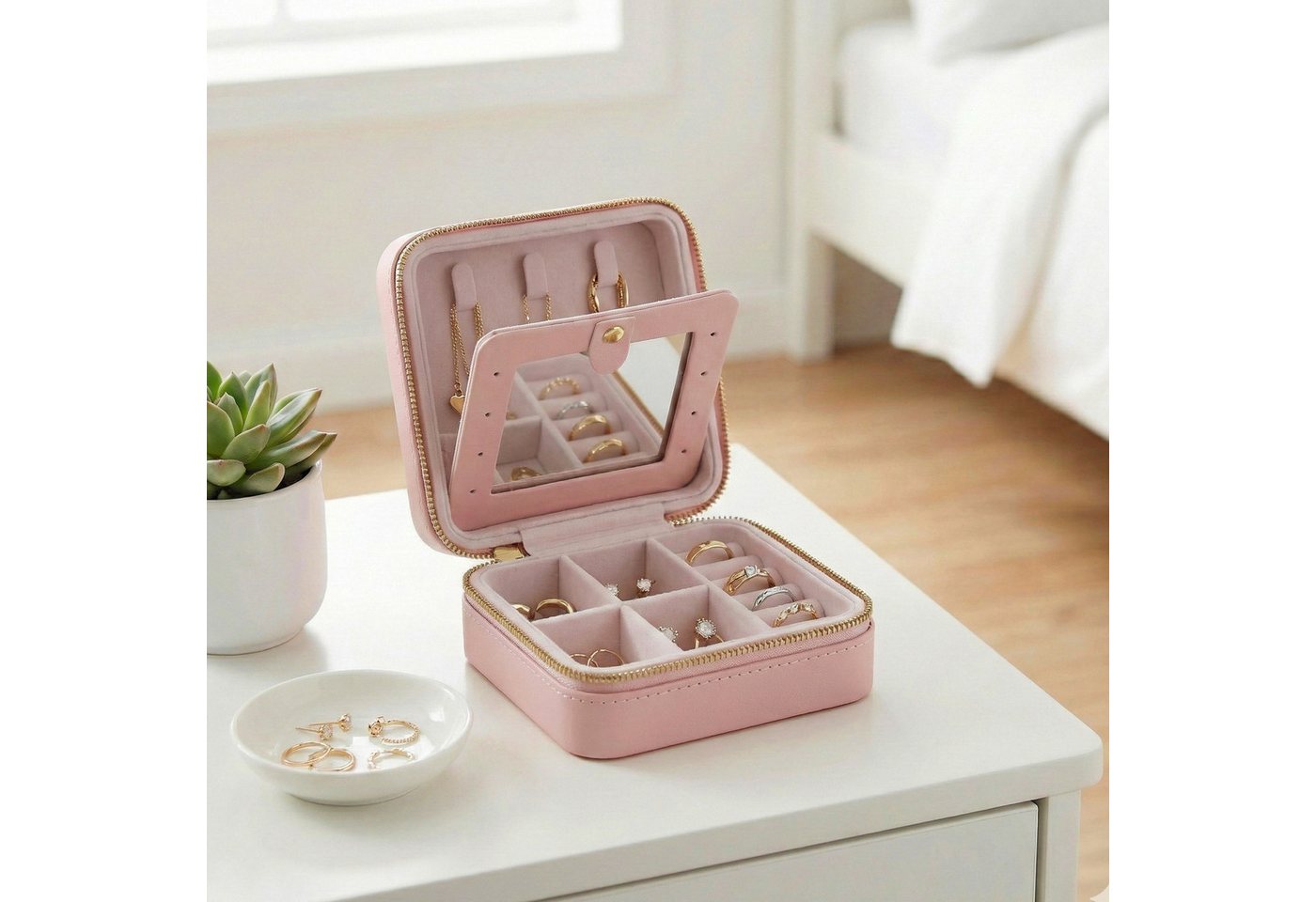 SONGMICS Schmuckkasten Reise, Schmuck-Reiseetui, Spiegel, Reißverschluss, Geschenkidee, Schmuckaufbewahrung tragbar, PU-Bezug, 11,4 x 11,4 x 6 cm – Bild 3 von 5