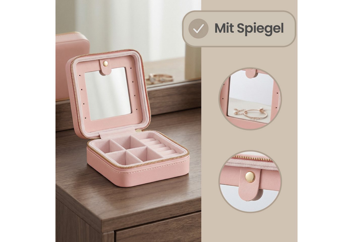 SONGMICS Schmuckkasten Reise, Schmuck-Reiseetui, Spiegel, Reißverschluss, Geschenkidee, Schmuckaufbewahrung tragbar, PU-Bezug, 11,4 x 11,4 x 6 cm – Bild 4 von 5