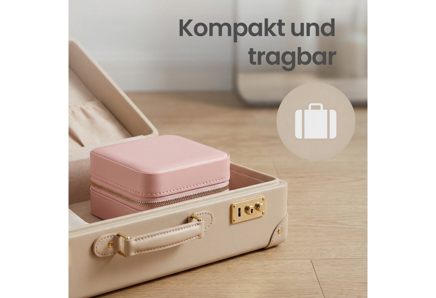 SONGMICS Schmuckkasten Reise, Schmuck-Reiseetui, Spiegel, Reißverschluss, Geschenkidee, Schmuckaufbewahrung tragbar, PU-Bezug, 11,4 x 11,4 x 6 cm – Bild 5 von 5