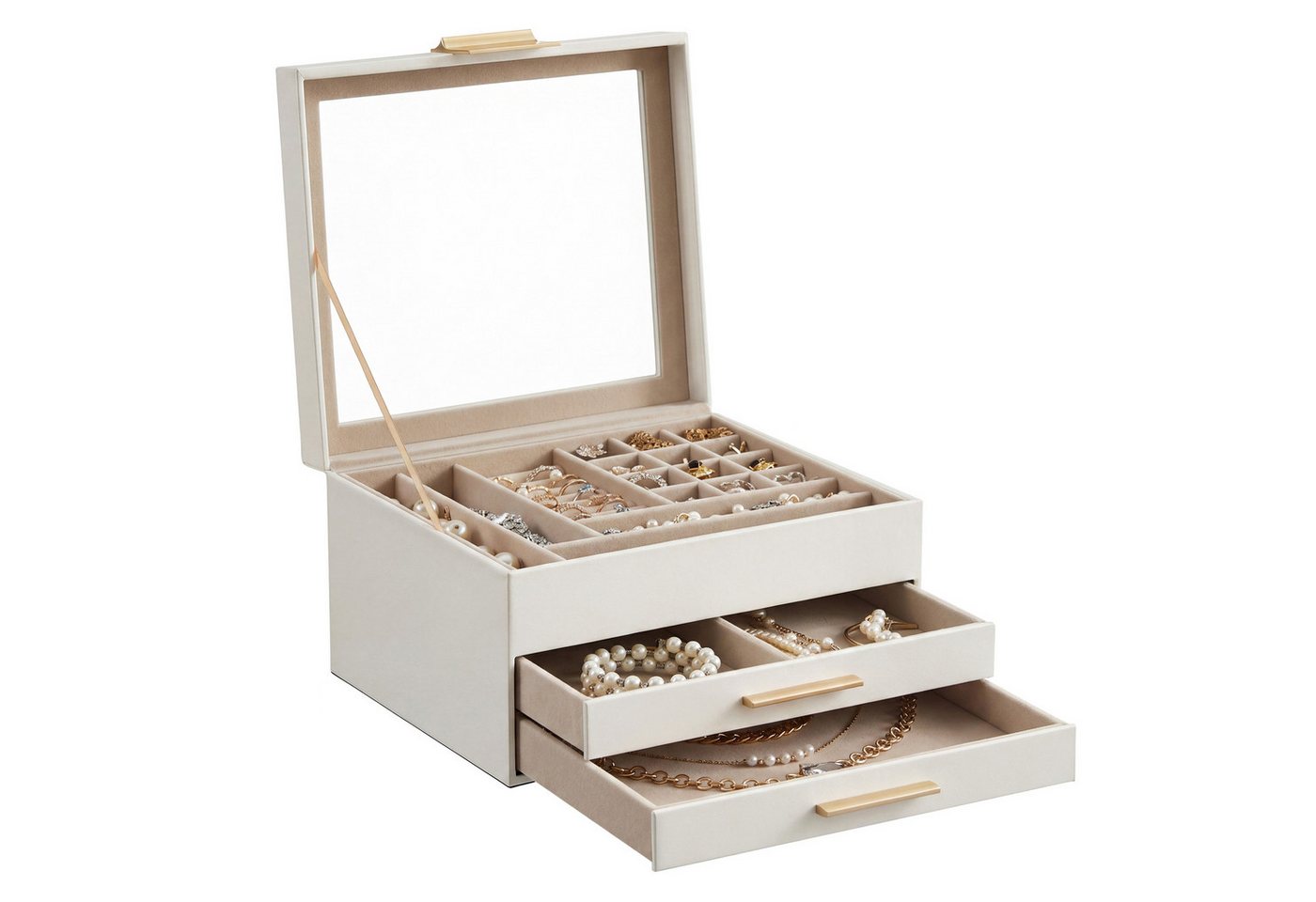 SONGMICS Schmuckkasten Schmuckkästchen, Schmuckbox mit Glasdeckel, wolkenweiß-golden, mit 3 Ebenen, 2 Schubladen, Schmuckaufbewahrung, 20,3 x 23,1 x 13,5 cm – Bild 2 von 5