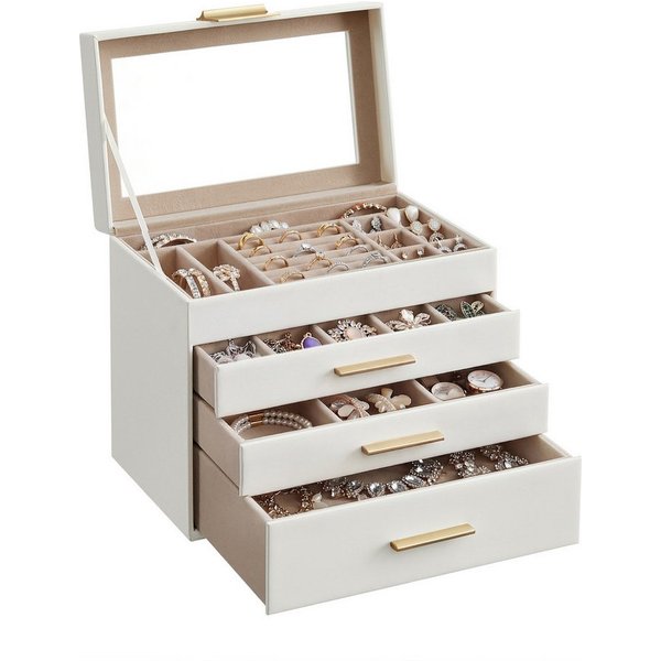 SONGMICS Schmuckkasten Schmuckkästchen mit 4 Ebenen, modern, mit Glasdeckel, Schmuckbox