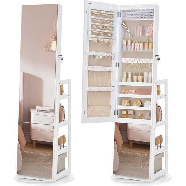 SONGMICS Schmuckschrank mit Ganzkörperspiegel, Schmuckaufbewahrung, Spiegelschrank,360°drehbar Schlafzimmer, Ankleidezimmer, Flur, 56,5 x 56,5 x 162cm (T x B x 