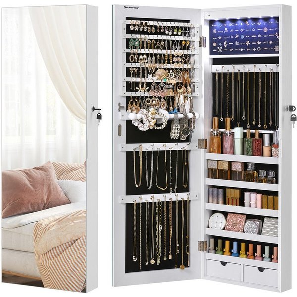 SONGMICS Schmuckschrank mit langem Spiegel, Schmuckaufbewahrung, 2 Schubladen, 37x9,3x108 cm (mit 6 LED-Lampen) zum Aufhängen an der Tür oder zur Befestigung an