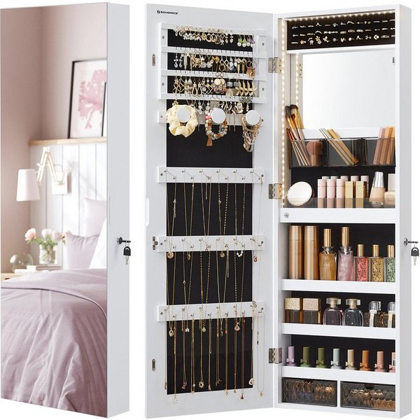 SONGMICS Schmuckschrank Spiegelschrank, Wandmontage, Organizer mit LED-Lichtern, abschließbar mit rahmenlosem Spiegel, integrierter Schminkspiegel, 2 Schubladen