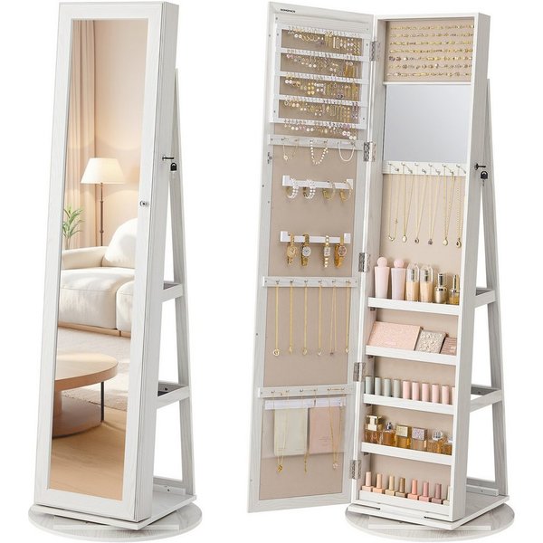 SONGMICS Schmuckschrank Spiegelschrank, mit Ganzkörperspiegel, um 360° drehbar, Geschenkidee Schmuckaufbewahrung, abschließbar, mit Schlüsseln, 54 x 54 x 161 cm