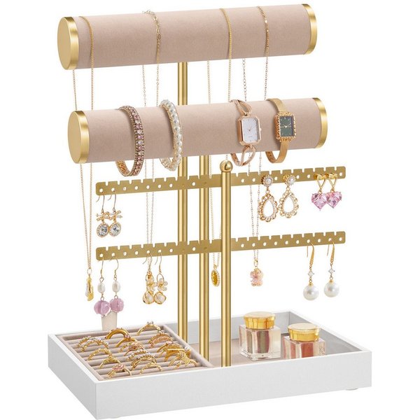 SONGMICS Schmuckständer Schmuckständer, 2 Armbandhalter, Ohrringhalterung, Schmuck-Organizer, mit Tablett aus Samt, abnehmbarer Ringhalter