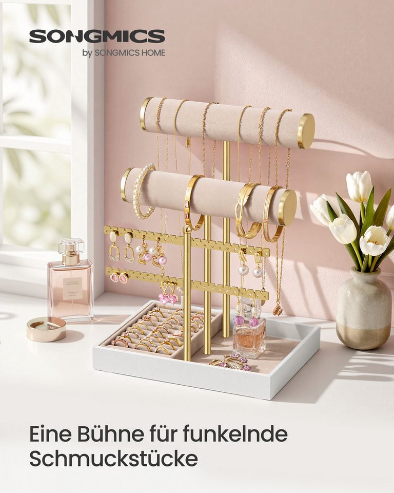 SONGMICS Schmuckständer Schmuckständer, 2 Armbandhalter, Ohrringhalterung, Schmuck-Organizer, mit Tablett aus Samt, abnehmbarer Ringhalter – Bild 2 von 5