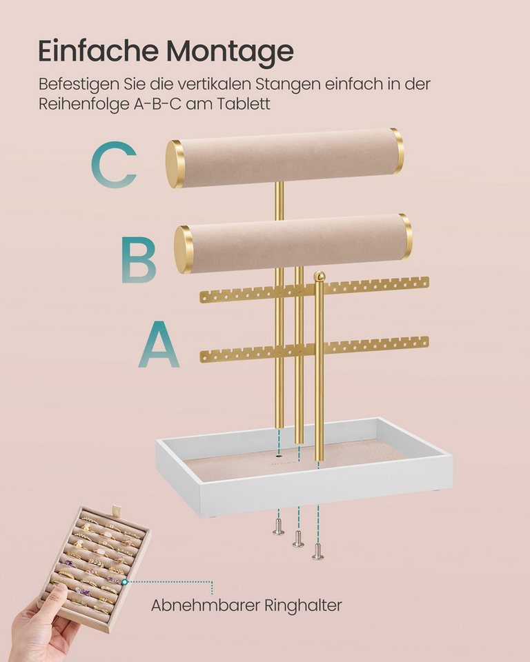 SONGMICS Schmuckständer Schmuckständer, 2 Armbandhalter, Ohrringhalterung, Schmuck-Organizer, mit Tablett aus Samt, abnehmbarer Ringhalter – Bild 5 von 5