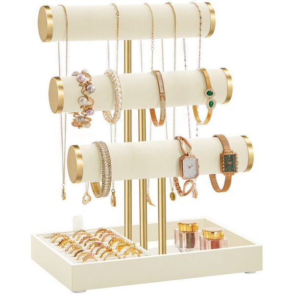 SONGMICS Schmuckständer Schmuck Organizer Halter mit 3 Ebenen, für Armbänder Halsketten Uhren Ringe, Schminktisch Deko