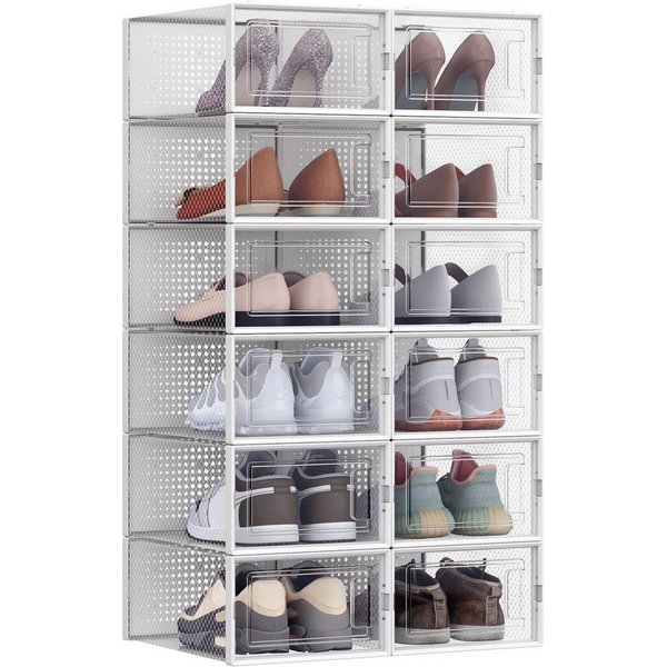 SONGMICS Schuhbox Schuh-Organizer, faltbar und stapelbar, transparent-weiß (12 St), aus Kunststoff, für Schuhe bis Größe 44, 31,2 x 22,5 x 13,5 cm