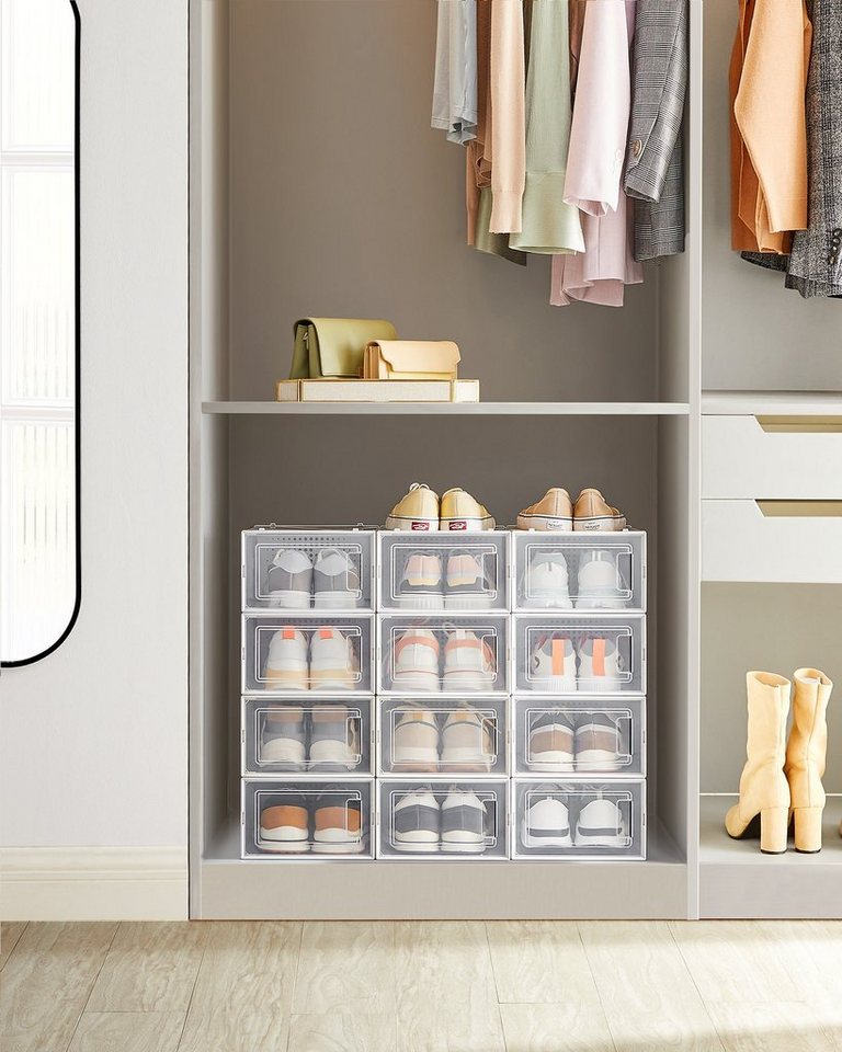 SONGMICS Schuhbox Schuh-Organizer, faltbar und stapelbar, transparent-weiß (12 St), aus Kunststoff, für Schuhe bis Größe 44, 31,2 x 22,5 x 13,5 cm – Bild 2 von 5
