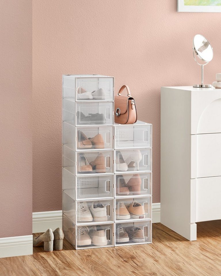 SONGMICS Schuhbox Schuh-Organizer, faltbar und stapelbar, transparent-weiß (12 St), aus Kunststoff, für Schuhe bis Größe 44, 31,2 x 22,5 x 13,5 cm – Bild 4 von 5