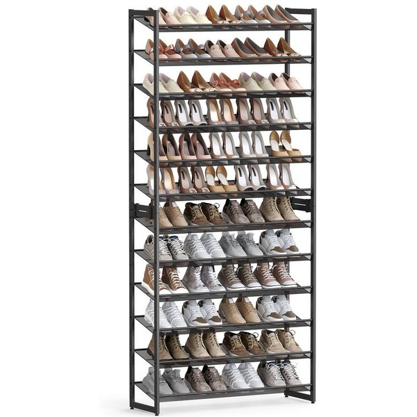 SONGMICS Schuhregal 12 Ebenen, Schuh-Organizer, für 48-60 Paar Schuhe, 92,5x30,7x223 cm, verstellbare Gitterablagen, flach oder angewinkelt montierbar, schwarz