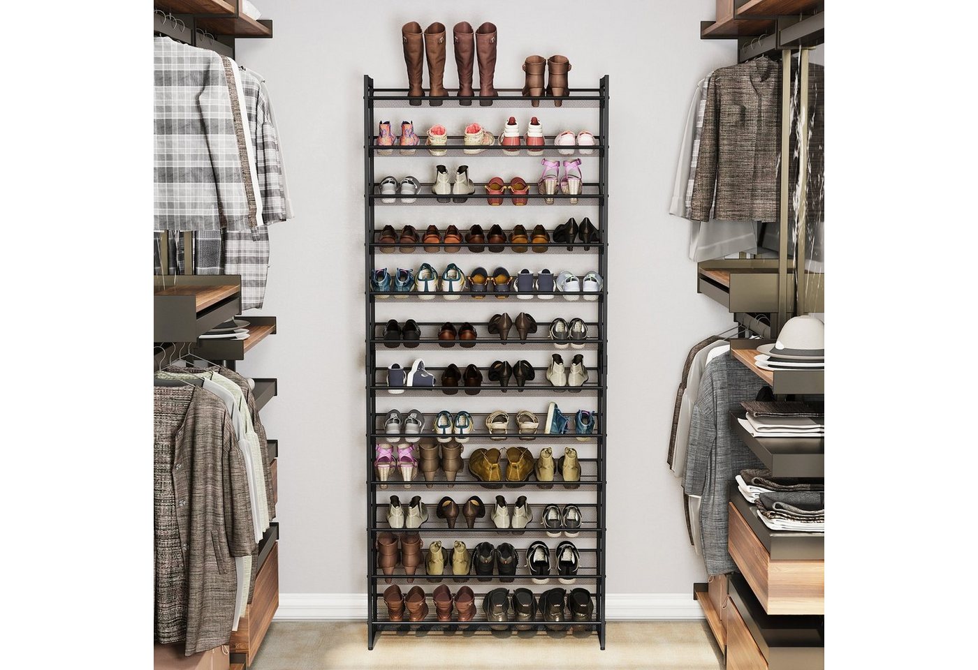 SONGMICS Schuhregal 12 Ebenen, Schuh-Organizer, für 48-60 Paar Schuhe, 92,5x30,7x223 cm, verstellbare Gitterablagen, flach oder angewinkelt montierbar, schwarz – Bild 3 von 5