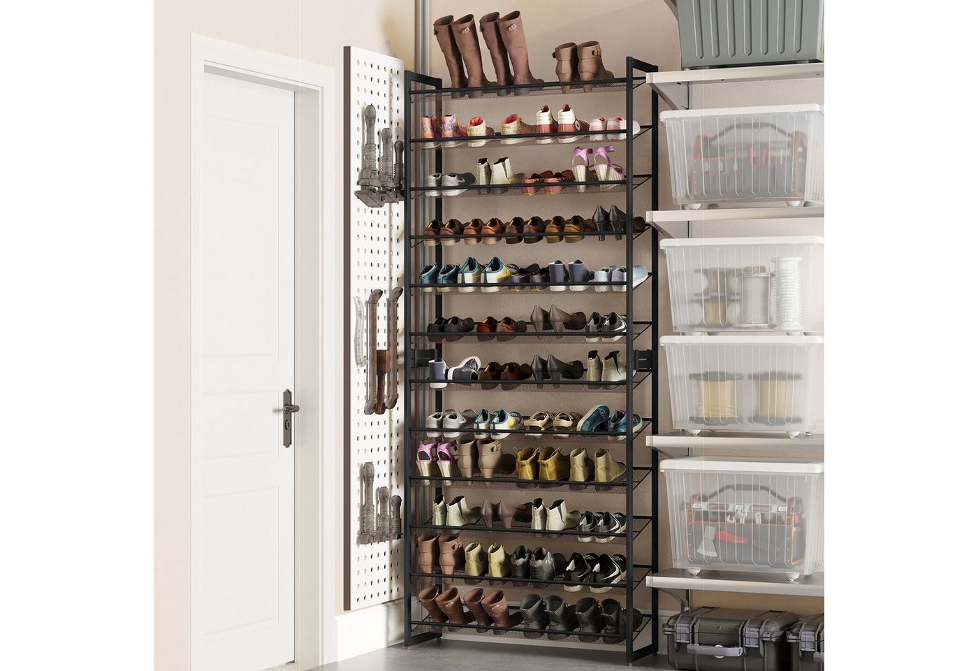 SONGMICS Schuhregal 12 Ebenen, Schuh-Organizer, für 48-60 Paar Schuhe, 92,5x30,7x223 cm, verstellbare Gitterablagen, flach oder angewinkelt montierbar, schwarz – Bild 4 von 5
