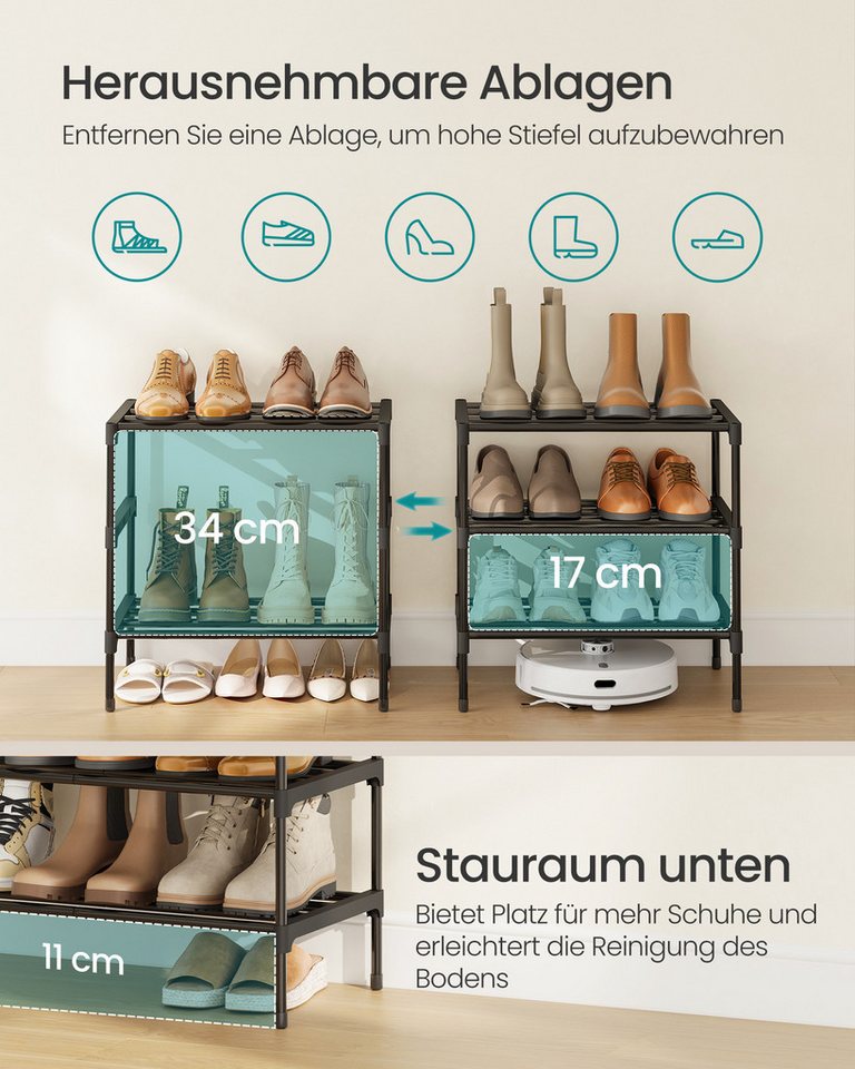 SONGMICS Schuhregal 3 Ebenen, Schuhablage schmal, Schuh-Organizer Metall, platzsparend, stapelbar, 30 x 45 x 48,5/66 cm – Bild 4 von 5