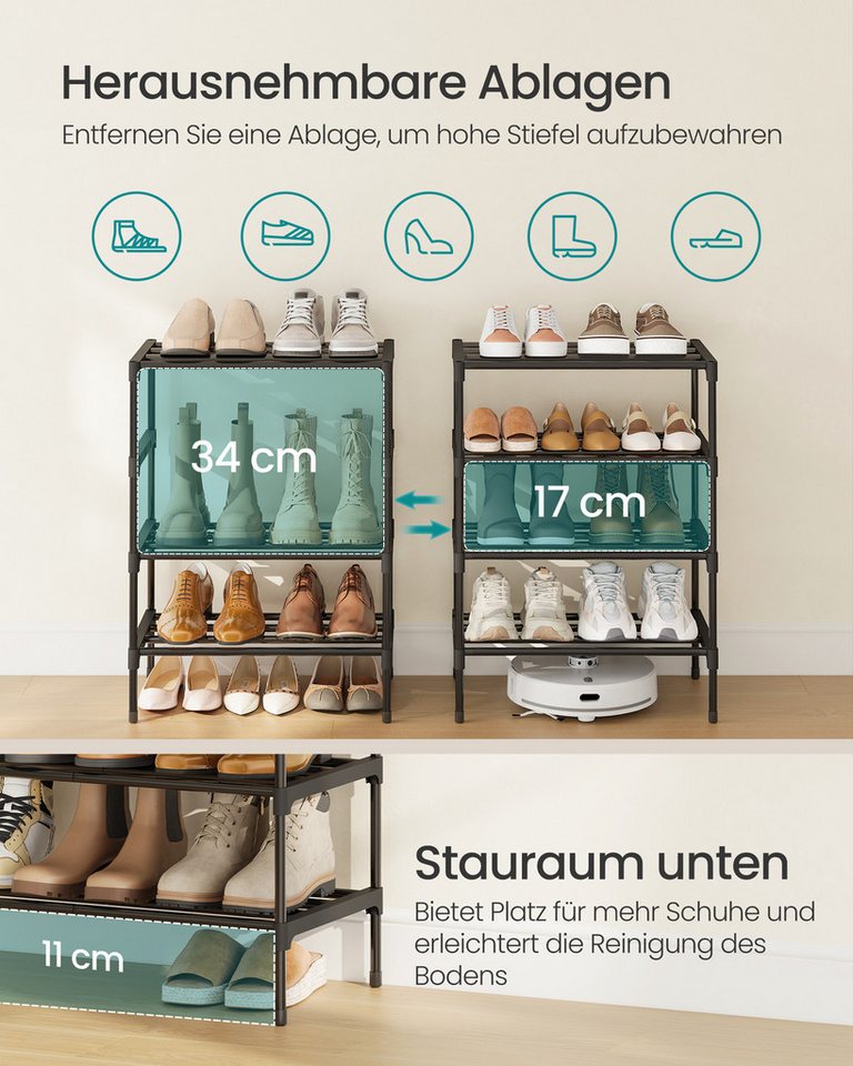 SONGMICS Schuhregal 3 Ebenen, Schuhablage schmal, Schuh-Organizer Metall, platzsparend, stapelbar, 30 x 45 x 48,5/66 cm – Bild 4 von 5