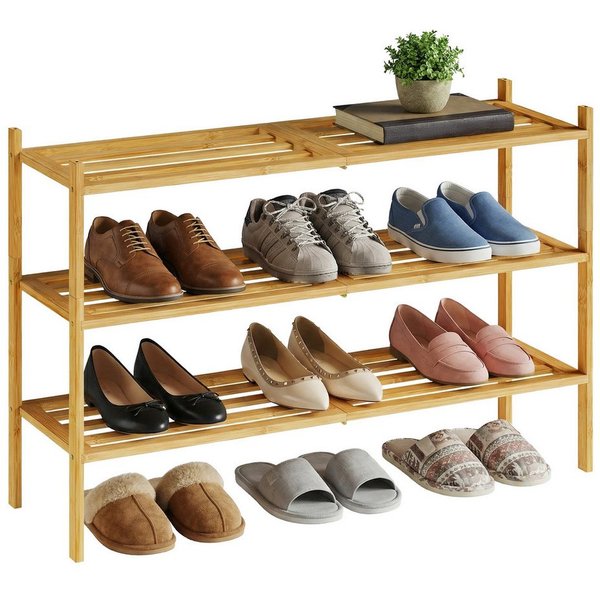 SONGMICS Schuhregal aus Bambus, Schuhablage 3 Ebenen, stapelbar, Regal für 12-16 Paar Schuhe, 25 x 70 x 51,5 cm