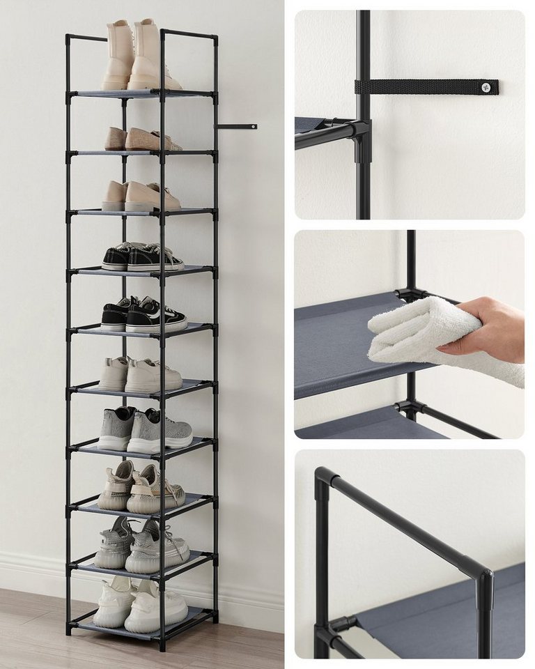 SONGMICS Schuhregal Schuhablage, 10 Ebenen, für 20 Paar Schuhe und Stiefel, 33 x 33 x 173 cm, für Flur, Schlafzimmer, schmal, Metallgestell – Bild 3 von 5