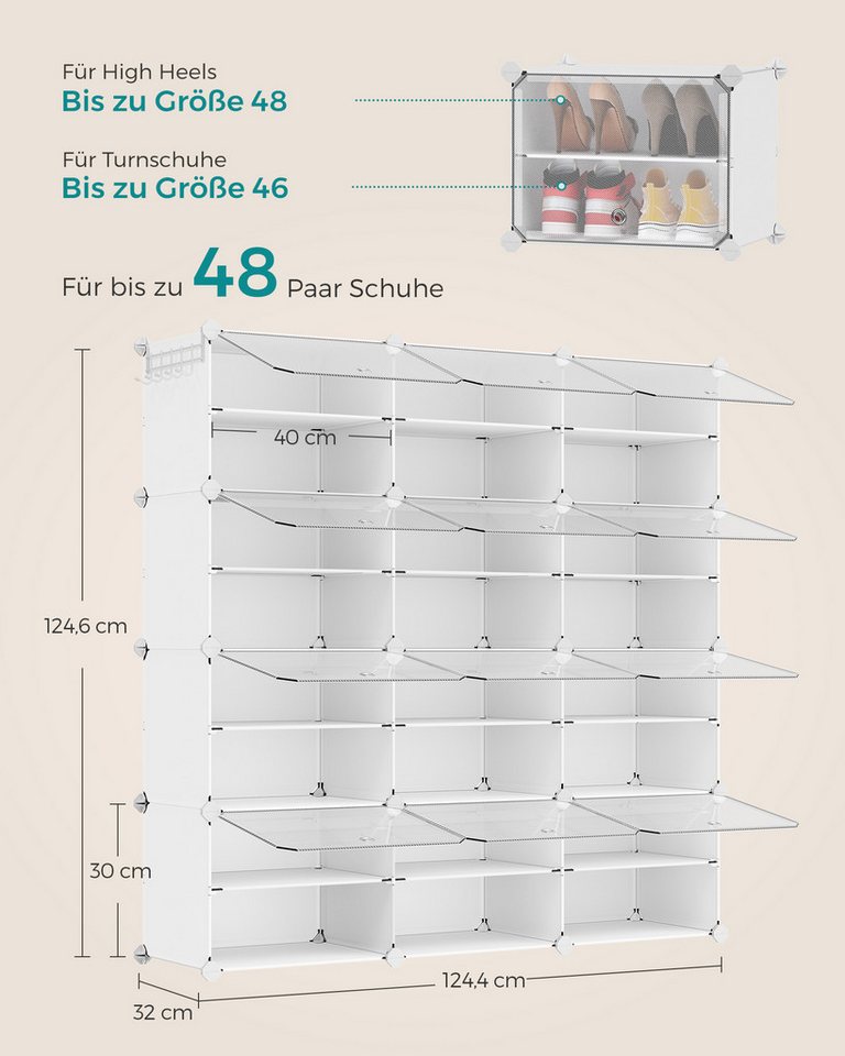 SONGMICS Schuhregal Schuhschrank, 30 x 40 x 30 cm pro Fach, für Flur, Eingangsbereich, mit 12 Fächern, mit Türen, für bis zu 48 Paar Schuhe, anpassbar – Bild 4 von 5