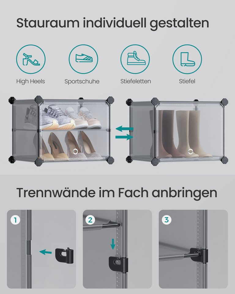 SONGMICS Schuhregal Schuhschrank, 30 x 40 x 30 cm pro Fach, für Flur, Eingangsbereich, mit 6 Fächern, mit Türen, für bis zu 24 Paar Schuhe, anpassbar – Bild 4 von 5