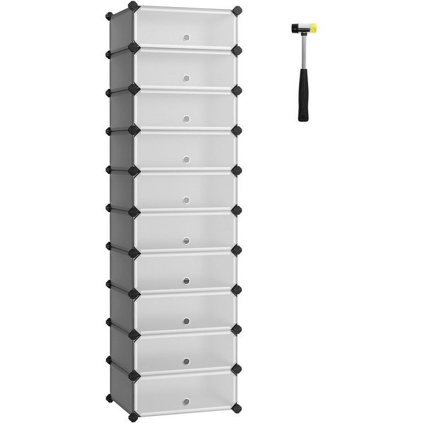 SONGMICS Schuhregal Steckregal, Regalsystem, Schuh-Organizer, 10 Ebenen, 43 x 31 x 173 cm, DIY-Regal, mit Tür, PP-Kunststoff, mit Gummihammer, Umkippschutz, gra