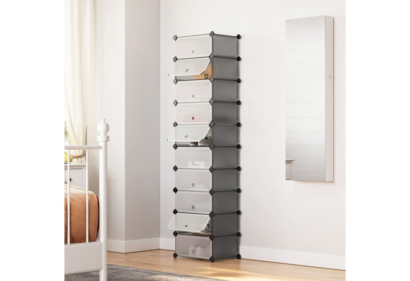 SONGMICS Schuhregal Steckregal, Regalsystem, Schuh-Organizer, 10 Ebenen, 43 x 31 x 173 cm, DIY-Regal, mit Tür, PP-Kunststoff, mit Gummihammer, Umkippschutz, gra – Bild 2 von 5